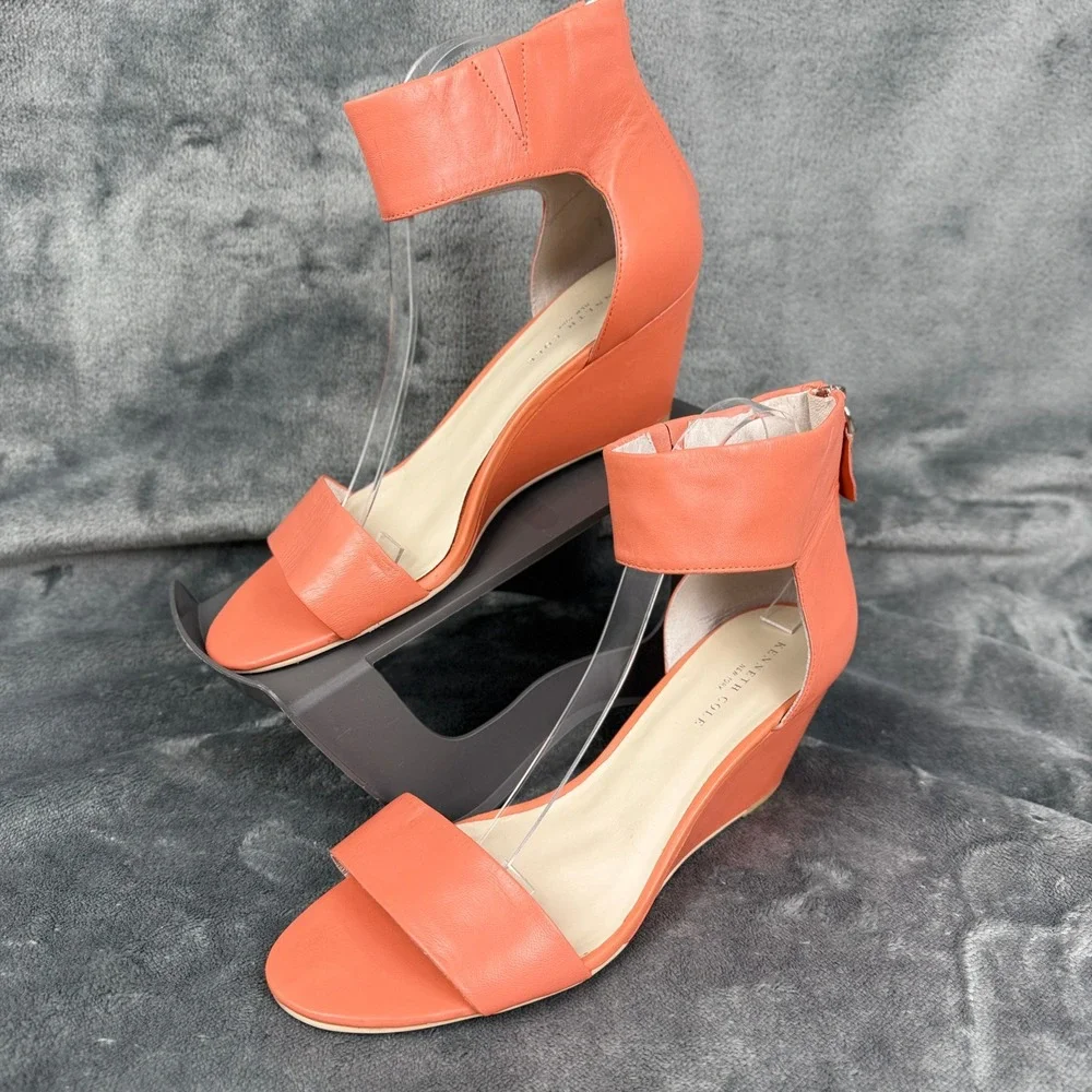 Kenneth Cole Reaction Orange‎ Leather Ankle Strap Wedge Heel Sandals 9.5M